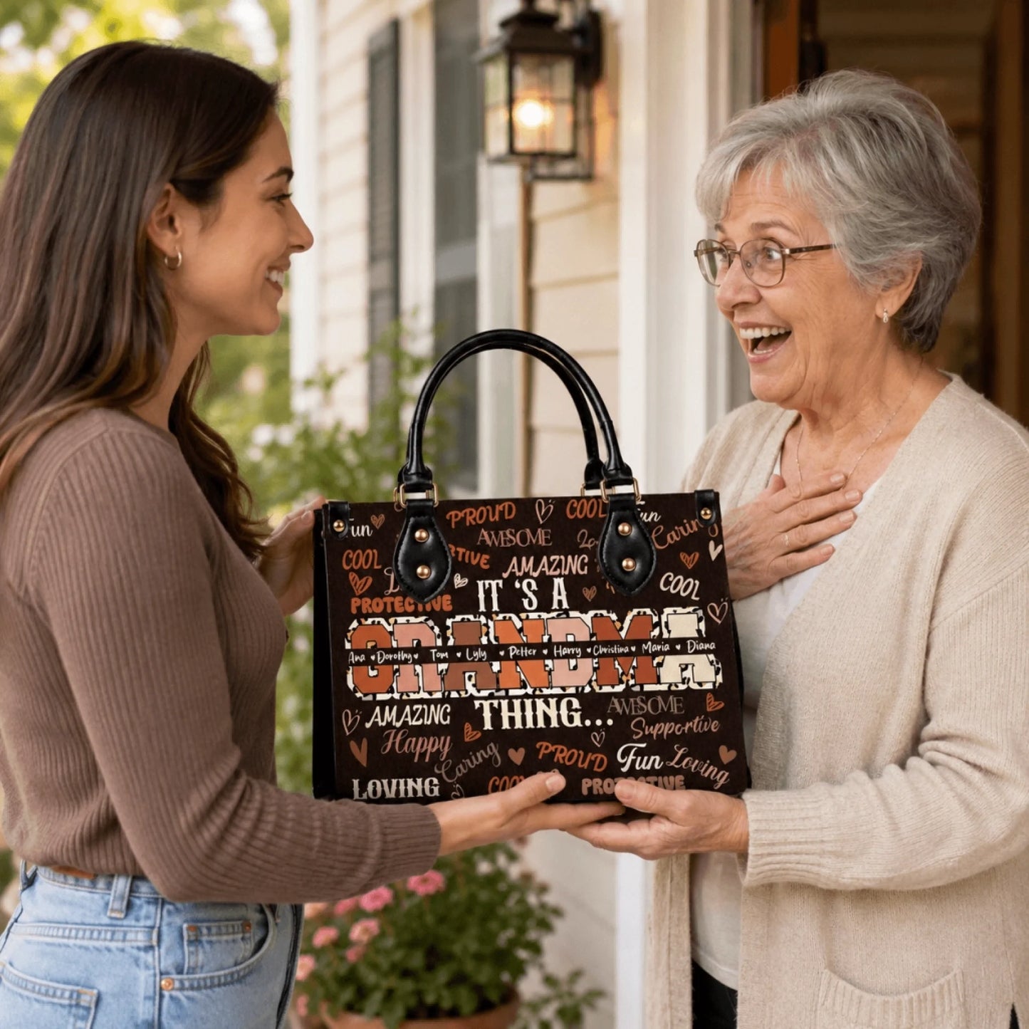 Happy grandmother receiving a personalized tote bag with names from her granddaughter as a thoughtful birthday gift.
