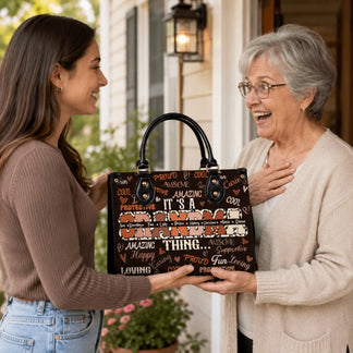 Happy grandmother receiving a personalized tote bag with names from her granddaughter as a thoughtful birthday gift.