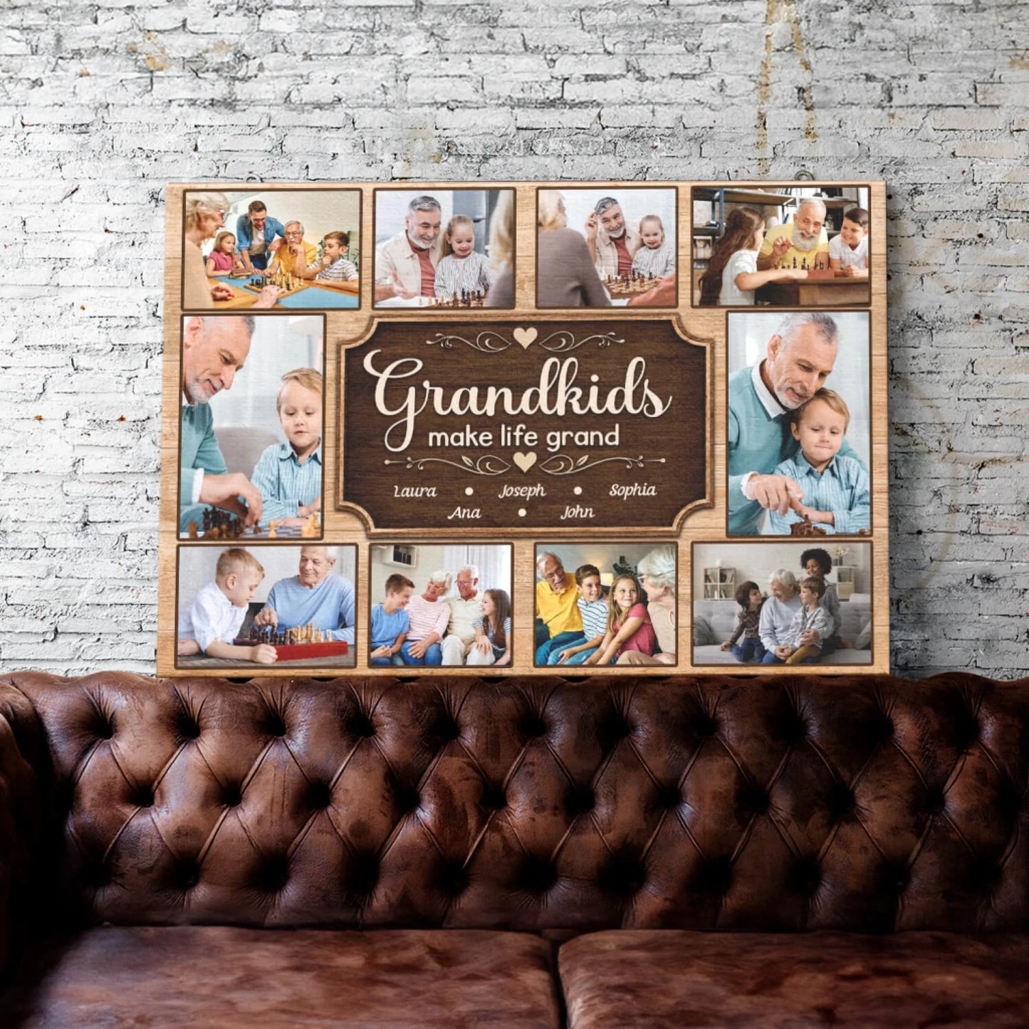 Personalized grandkids make life grand photo canvas gift for grandparents featuring multiple family photos and names