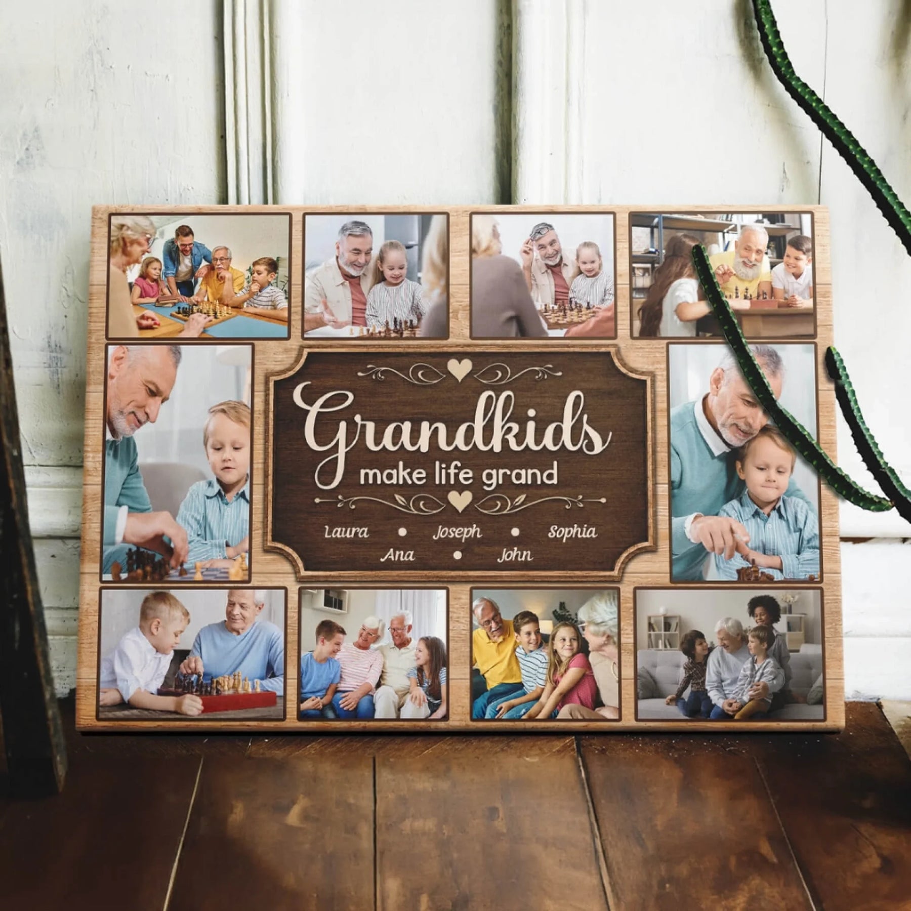 Custom wooden photo collage sign featuring grandkids make life grand quote and personalized names for grandparents.