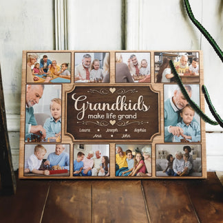 Custom wooden photo collage sign featuring grandkids make life grand quote and personalized names for grandparents.