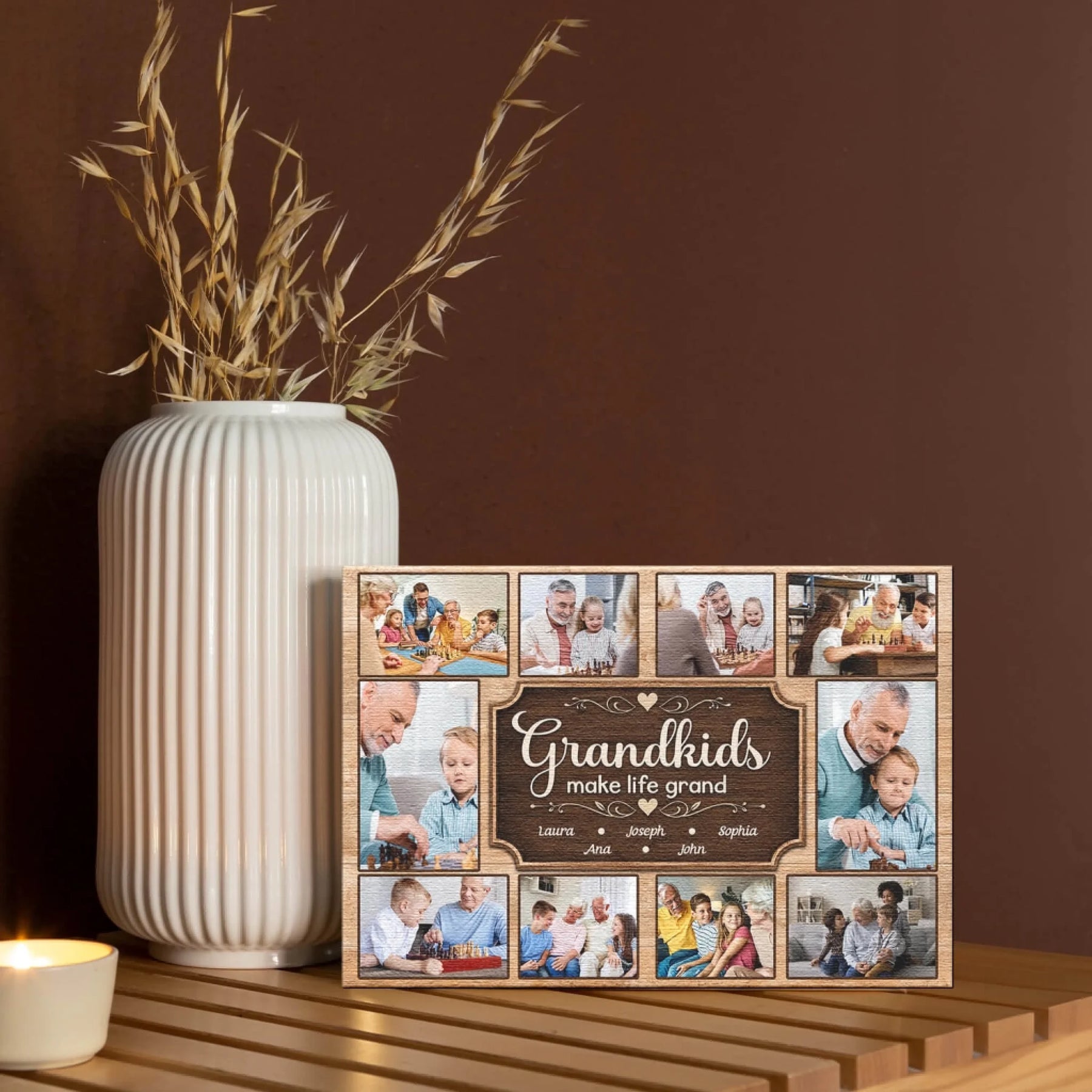 Custom family photo collage sign with grandkids make life grand quote, a personalized gift for any grandparent.
