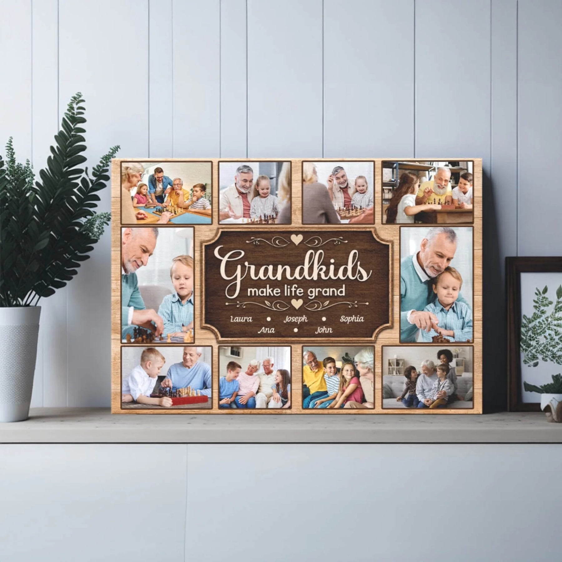 Customized photo collage wooden sign with grandkids make life grand quote, perfect gift for proud grandparents.