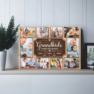 Customized photo collage wooden sign with grandkids make life grand quote, perfect gift for proud grandparents.