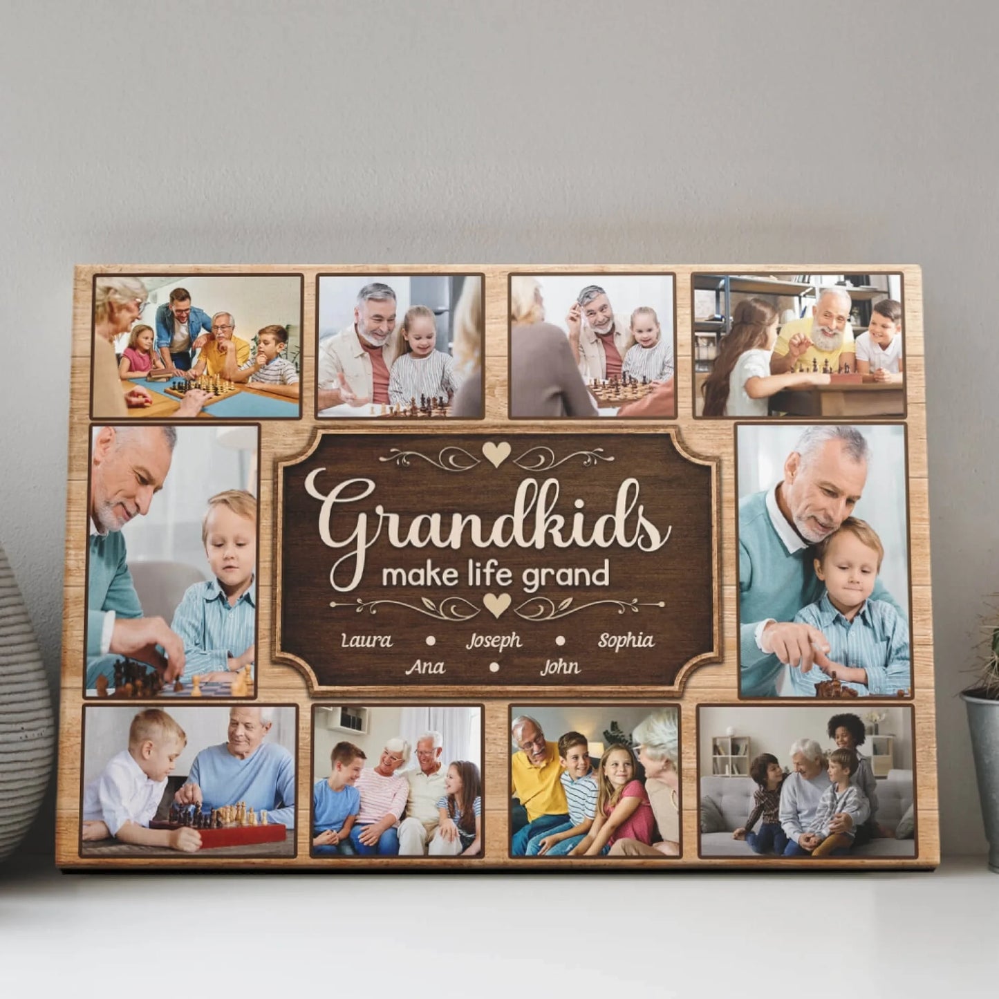 Custom grandkids make life grand photo collage wall art for grandparents with family names and memories on wood