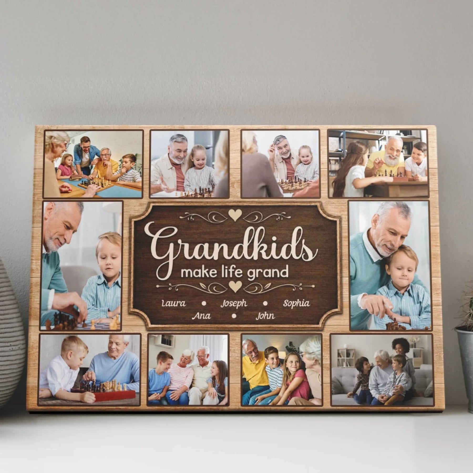 Custom grandkids make life grand photo collage wall art for grandparents with family names and memories on wood