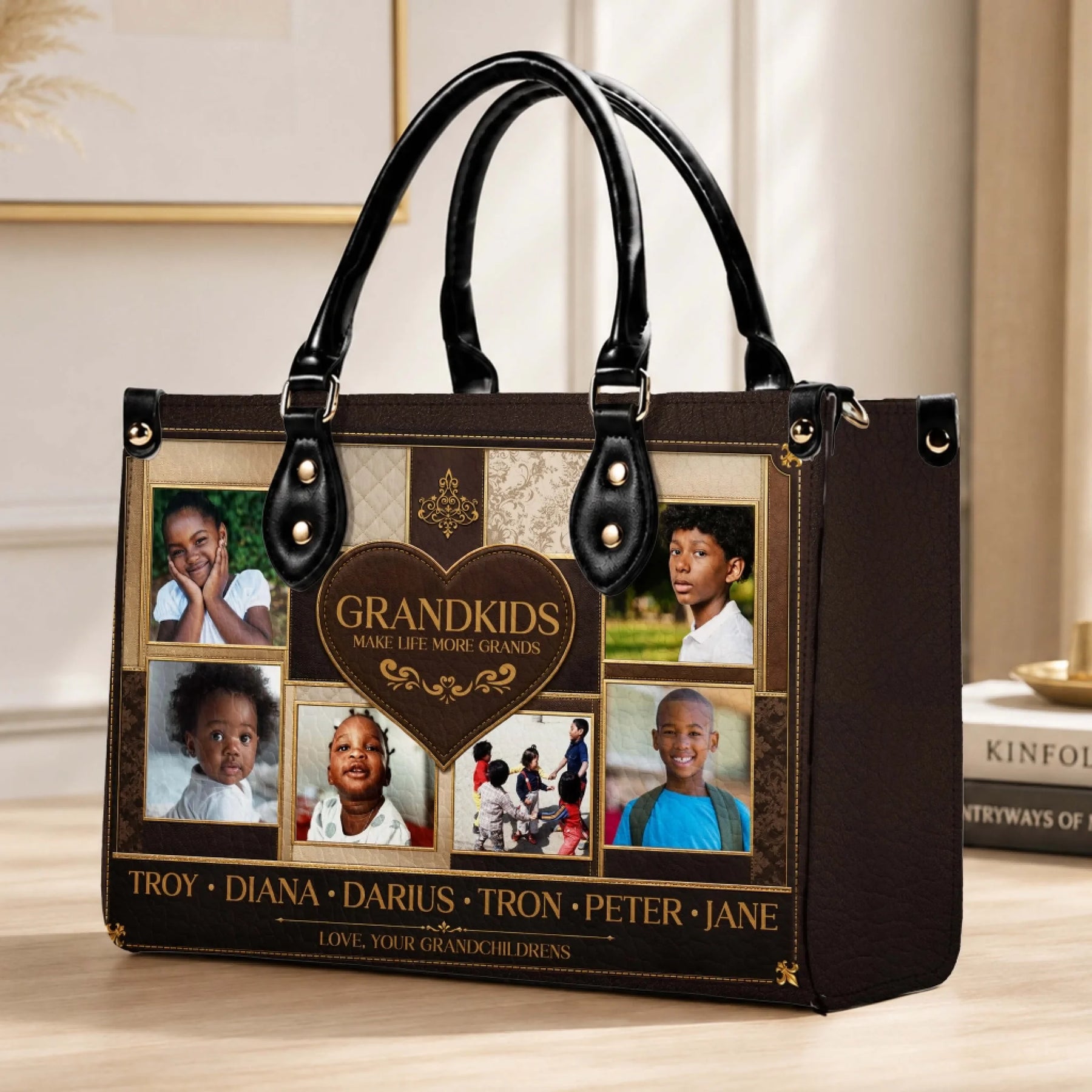 Custom tote bag with grandkids photo collage and names, a stylish and heartwarming personalized gift for grandmothers.