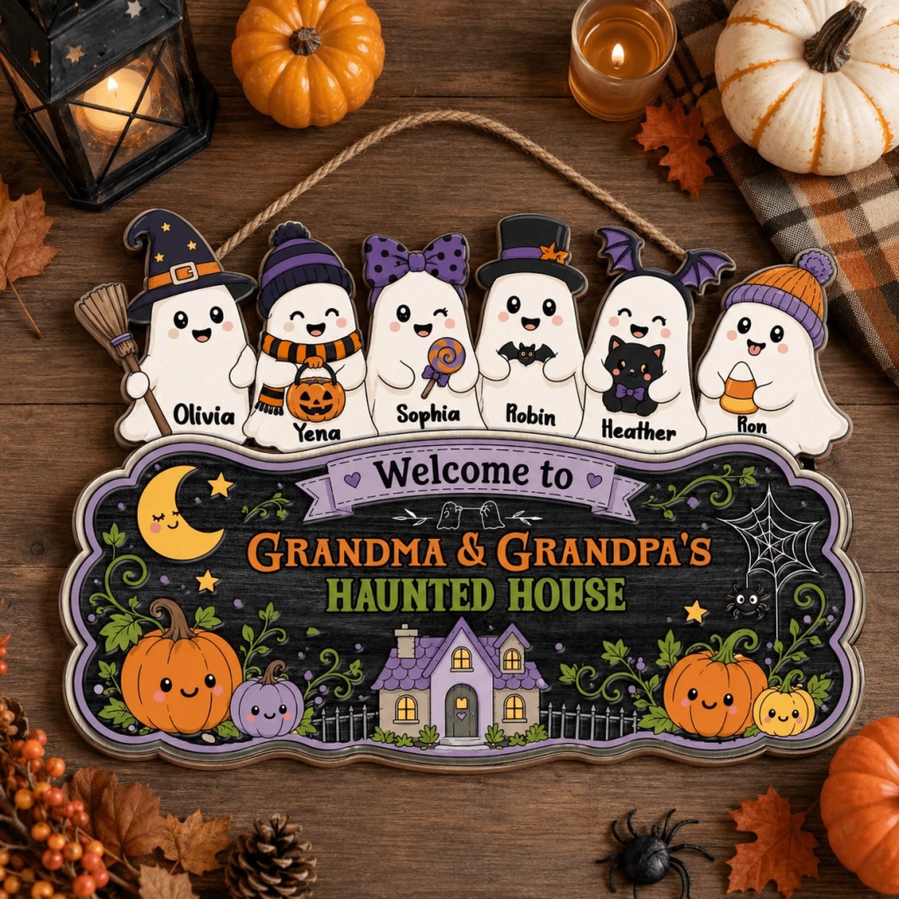 Halloween themed wooden wall sign with six cute personalized ghost figures for Grandma and Grandpa's haunted house.