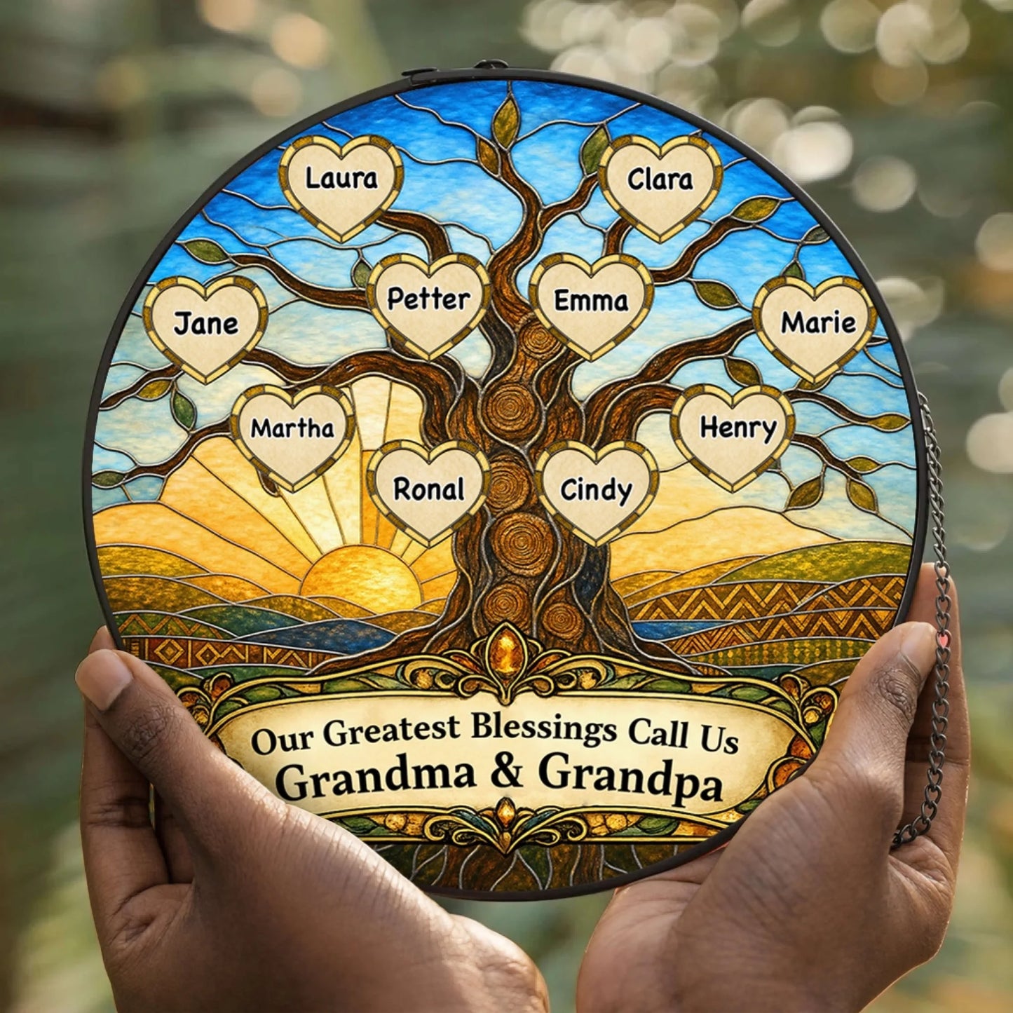 Personalized family tree suncatcher with heart shaped names for Grandma and Grandpa, perfect custom gift for grandparents.