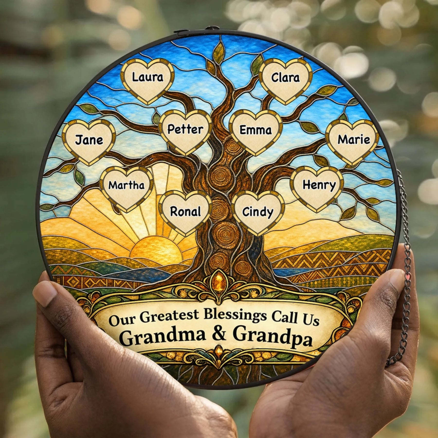 Personalized family tree suncatcher with heart shaped names for Grandma and Grandpa, perfect custom gift for grandparents.