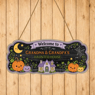 Personalized Grandma and Grandpa's Haunted House hanging wooden sign featuring cute pumpkins, ghosts, and moon decor.