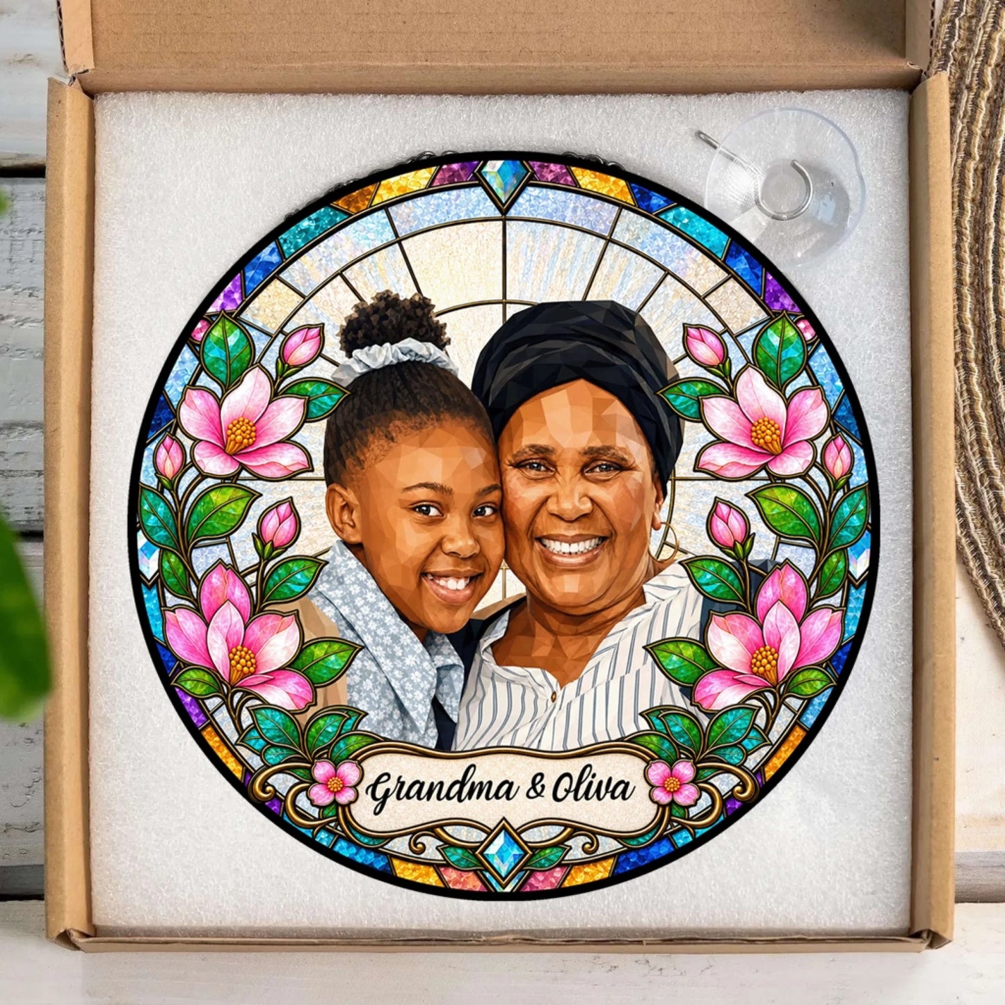 Customized stained glass acrylic suncatcher featuring a grandmother and granddaughter, packaged for gift giving.