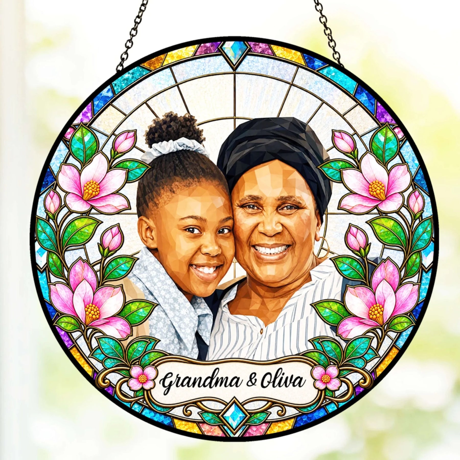 Custom memorial stained glass acrylic suncatcher featuring a personalized photo and Grandma and Oliva text plaque.