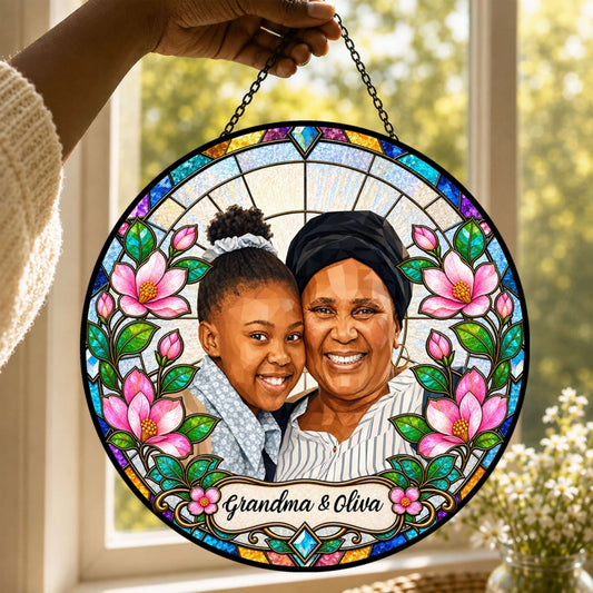 Personalized stained glass acrylic suncatcher with a custom photo of a grandmother and granddaughter for memorial gifts.