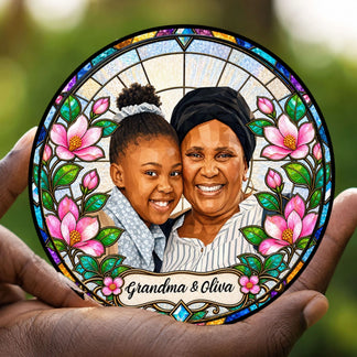 Handheld personalized stained glass acrylic suncatcher with floral design and custom Grandma and Oliva photo.
