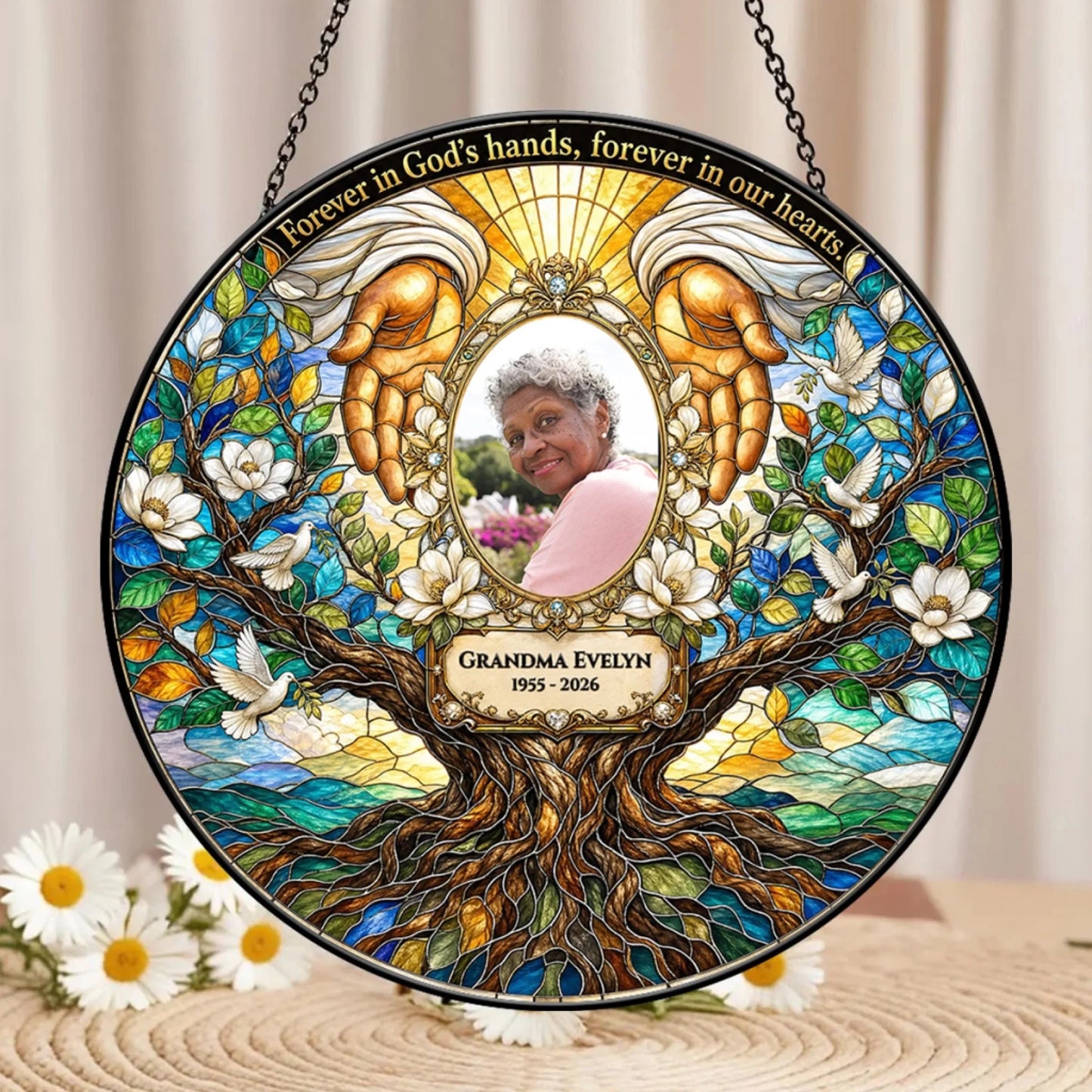 Sympathy memorial stained glass suncatcher displaying a portrait of Grandma Evelyn, tree of life, and heartfelt text.