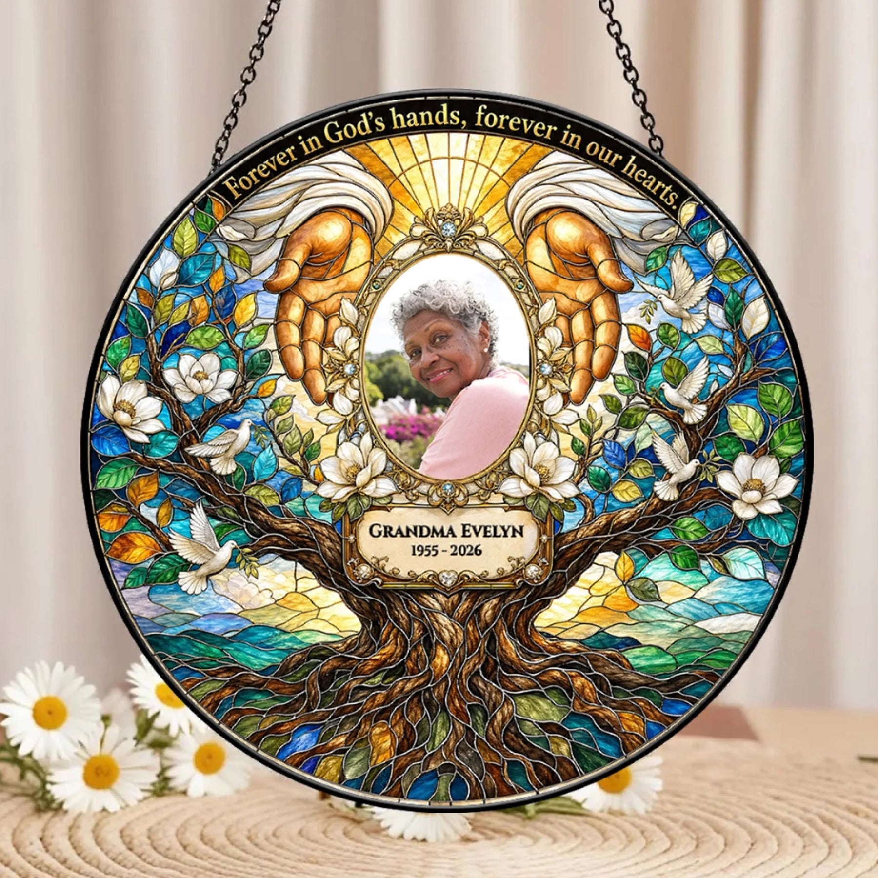 Sympathy memorial stained glass suncatcher displaying a portrait of Grandma Evelyn, tree of life, and heartfelt text.