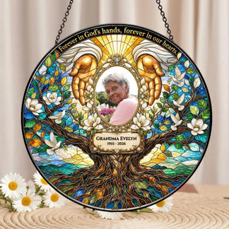 Sympathy memorial stained glass suncatcher displaying a portrait of Grandma Evelyn, tree of life, and heartfelt text.