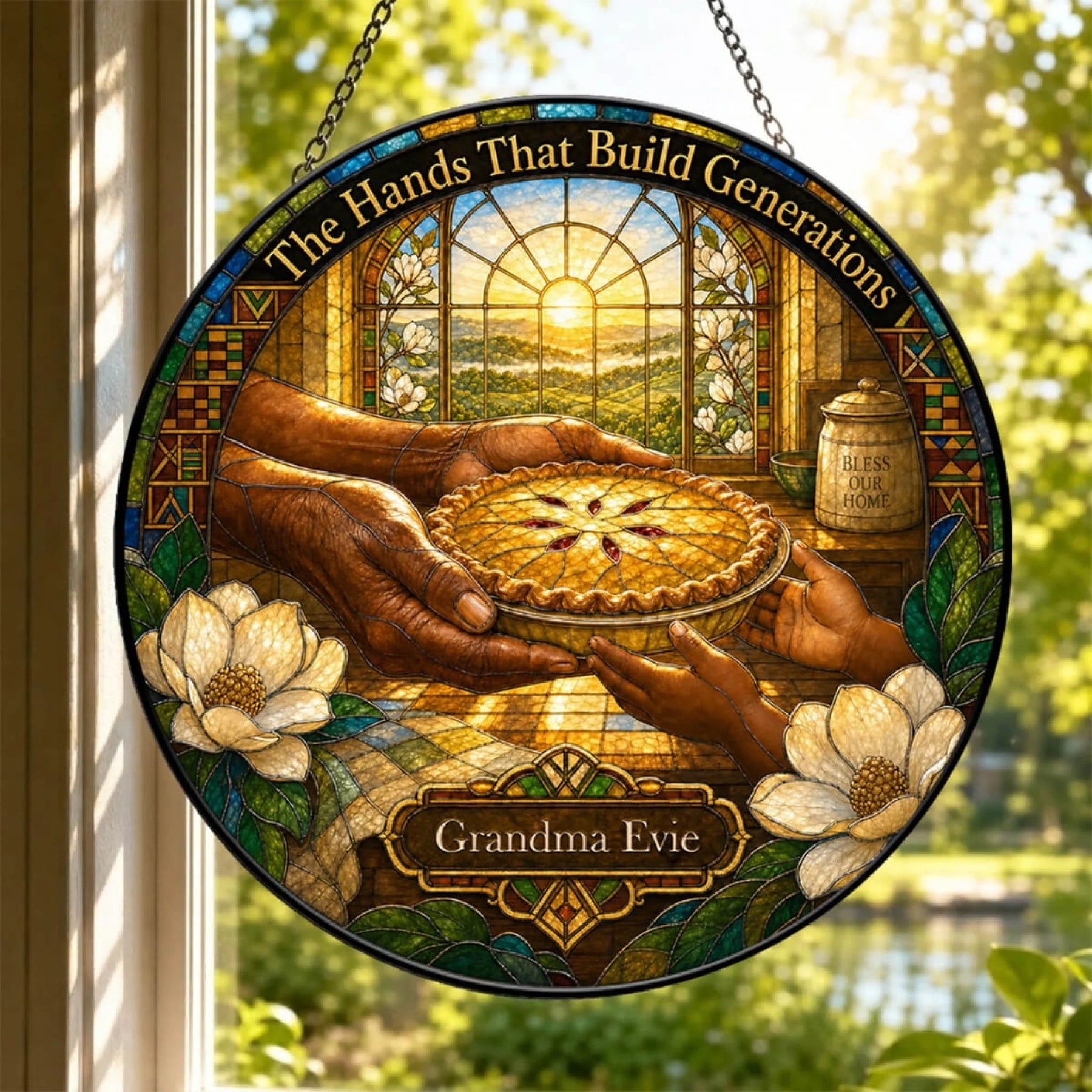 Stained glass window suncatcher personalized with Grandma Evie featuring a beautiful home cooking design theme.