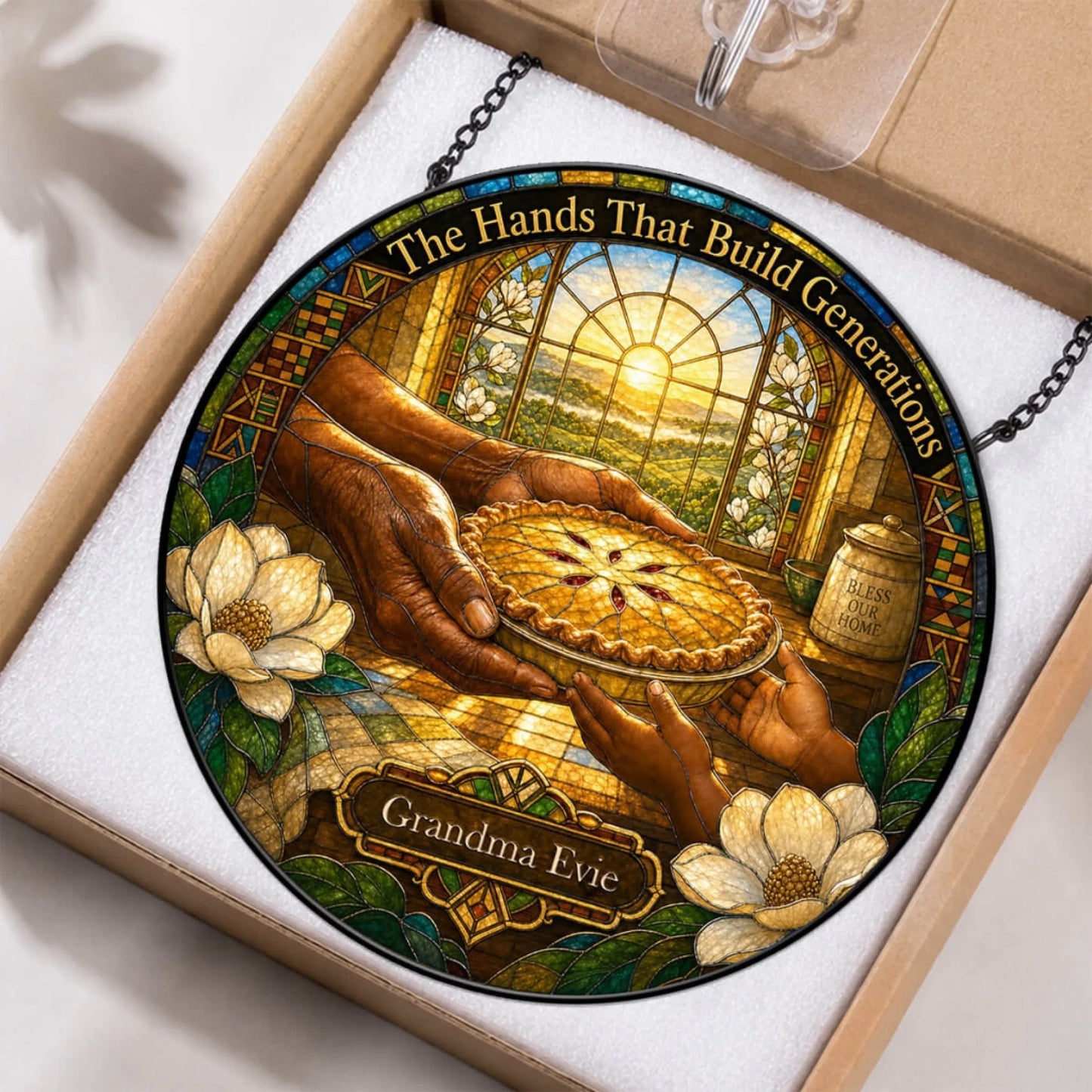 Customized stained glass suncatcher gift for Grandma, showcasing a meaningful family pie baking scene and name.