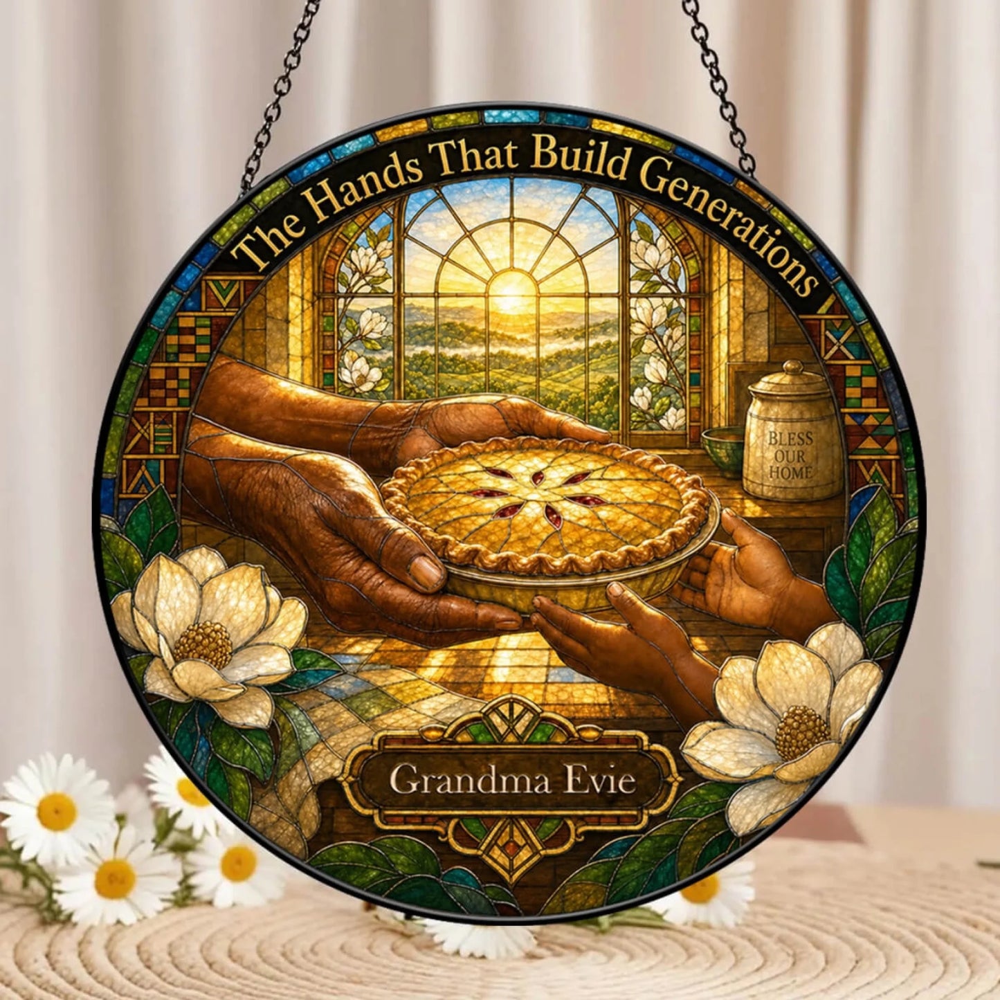 Round stained glass suncatcher personalized for Grandma Evie with a heartwarming hands passing pie illustration.