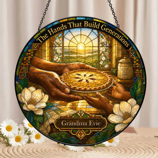 Round stained glass suncatcher personalized for Grandma Evie with a heartwarming hands passing pie illustration.