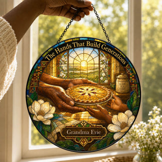 Personalized stained glass suncatcher featuring hands passing a pie and the text The Hands That Build Generations.