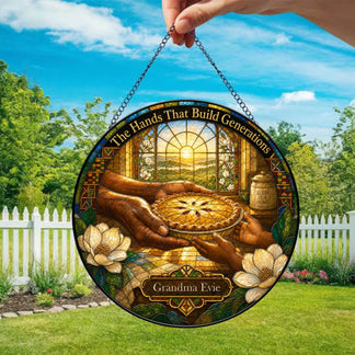 Personalized stained glass suncatcher featuring hands passing a pie with the quote The Hands That Build Generations.