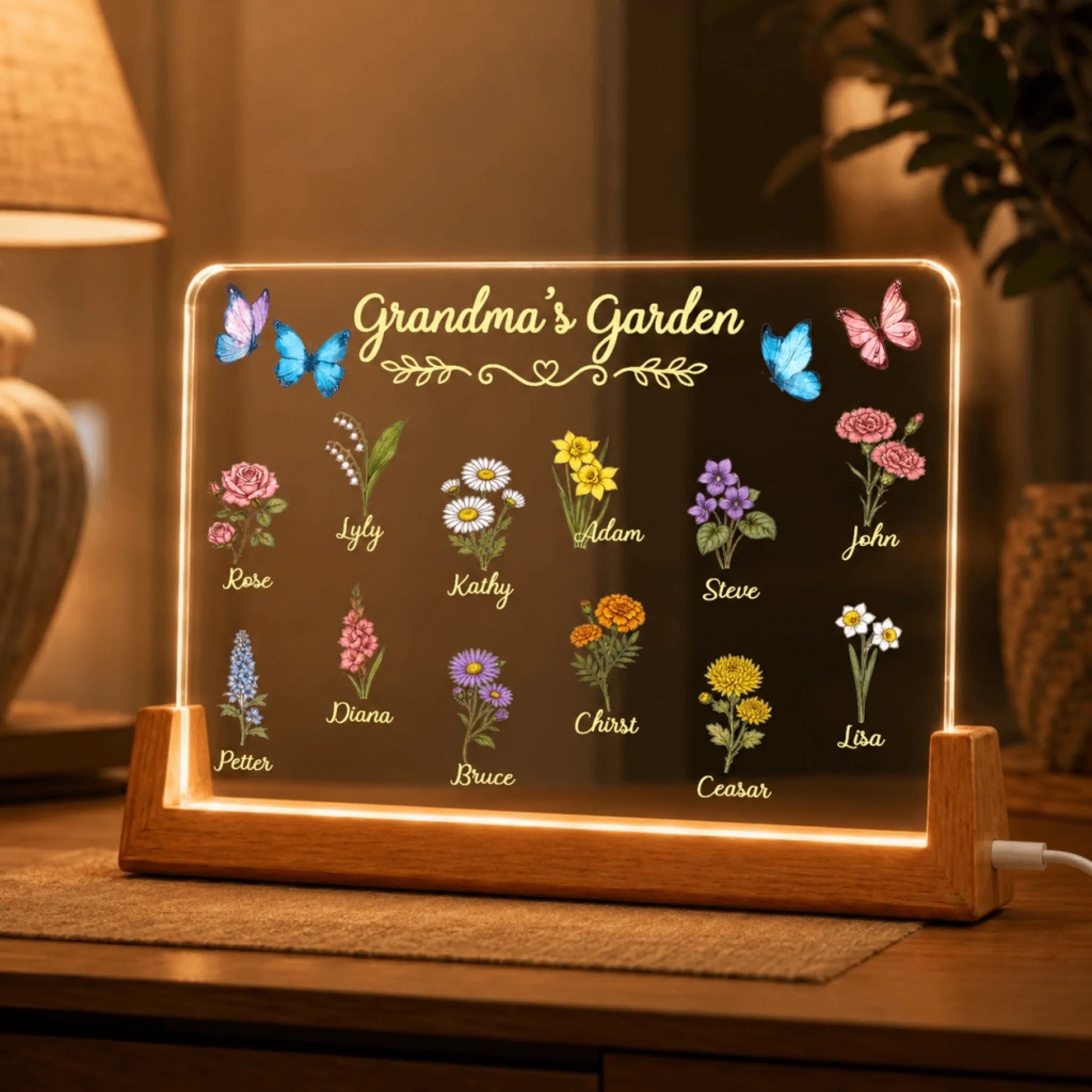 Custom Grandma's Garden LED night light featuring beautiful floral designs and personalized names for family gifts.
