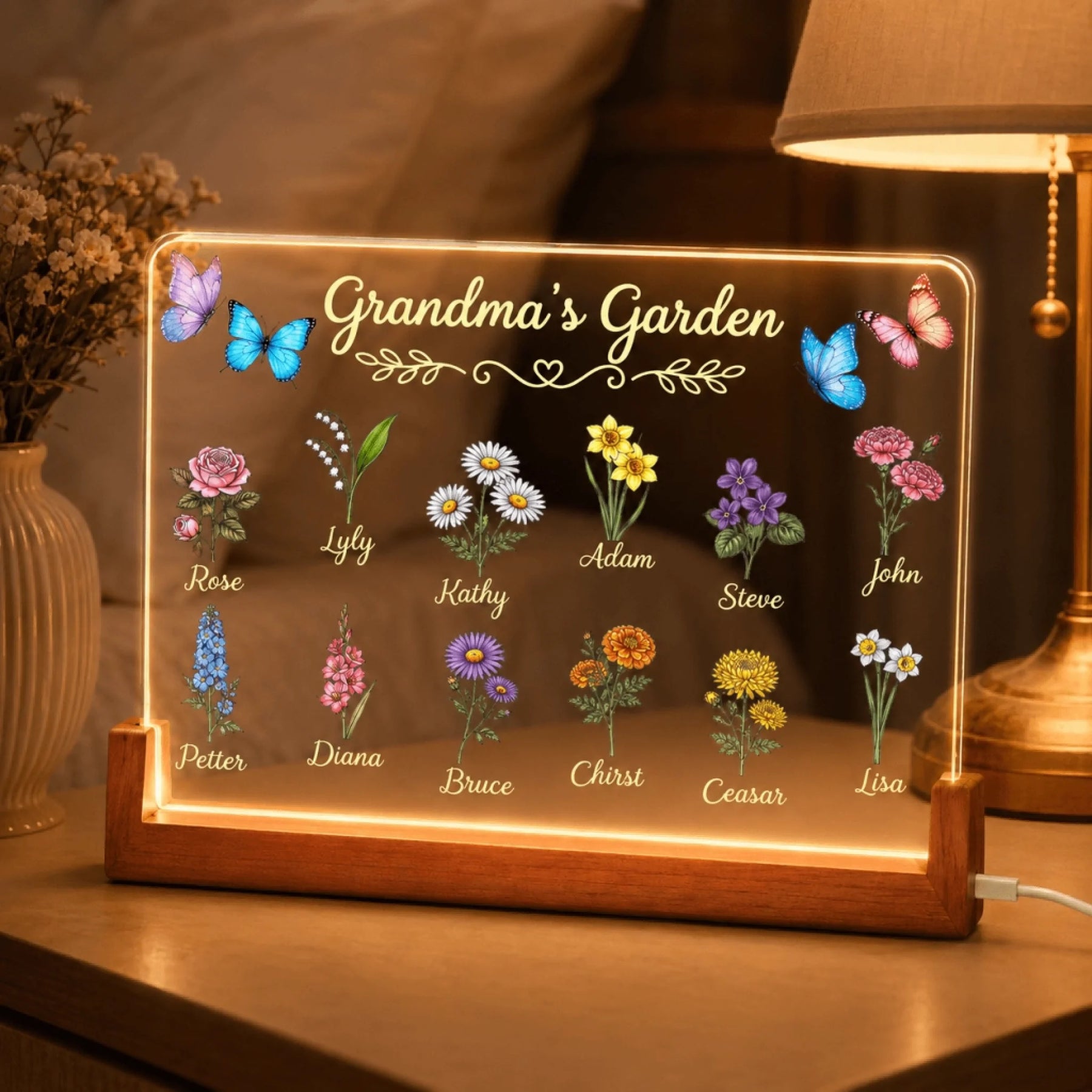 Glowing Grandma's Garden acrylic plaque LED night light with custom flower names, perfect for a personalized gift.