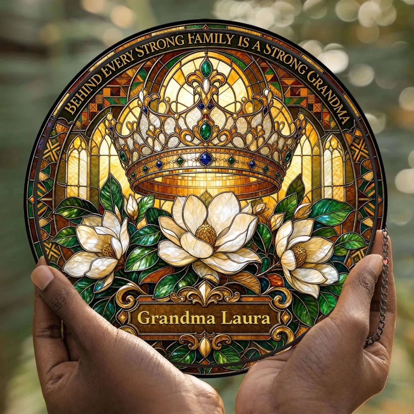 Hands holding a custom Grandma Laura acrylic suncatcher with a crown and magnolia floral stained glass style theme.