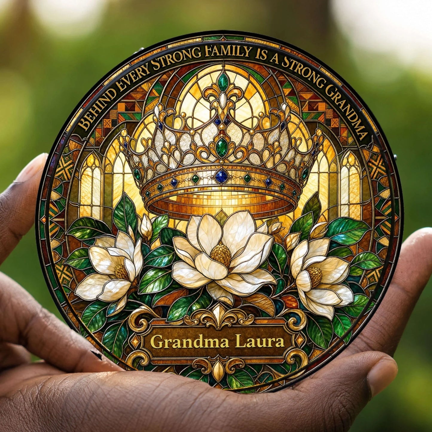 A beautiful Grandma Laura personalized suncatcher with white flowers and a crown, held in hands for display.