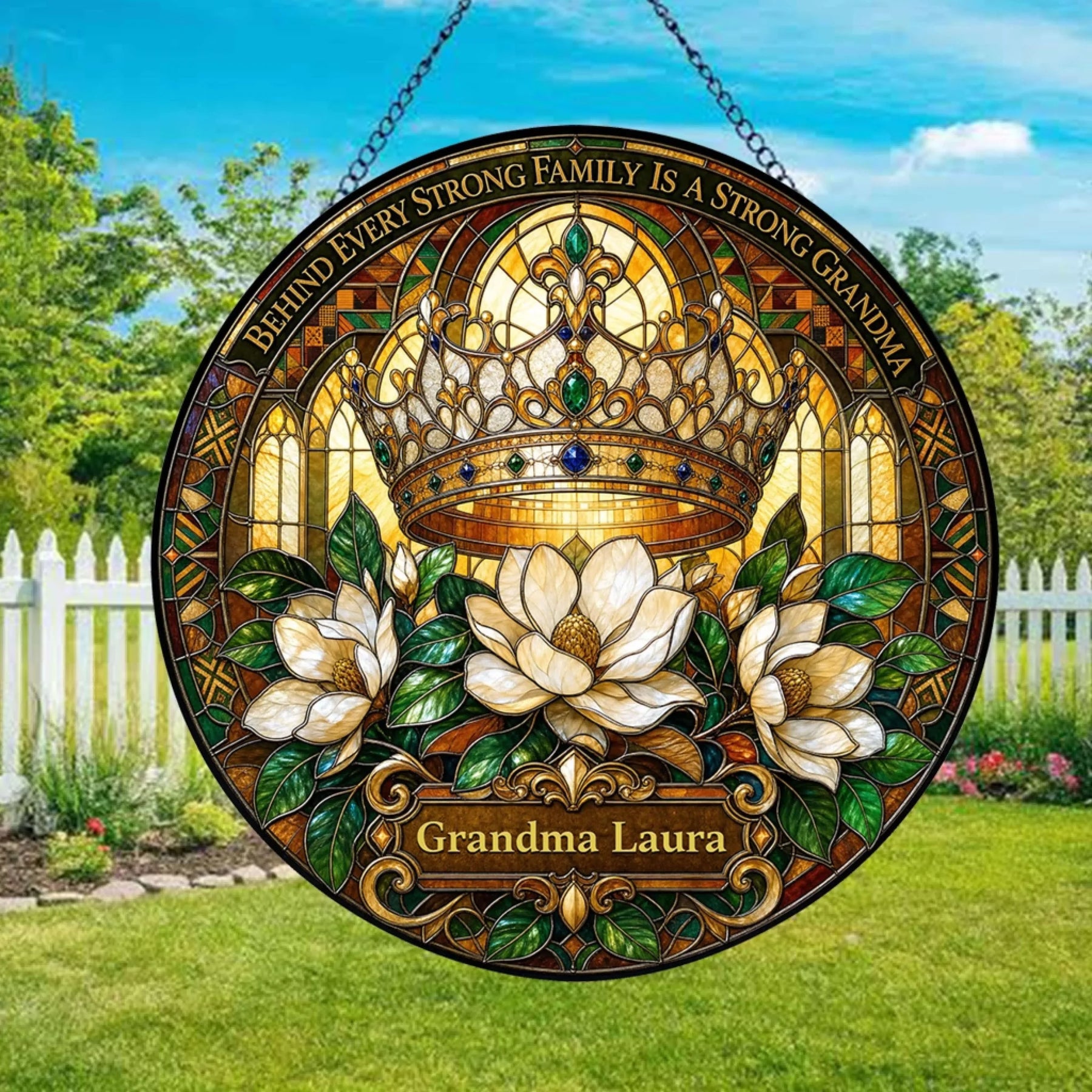 Personalized Grandma Laura stained glass round suncatcher featuring a crown illustration and magnolia flowers.