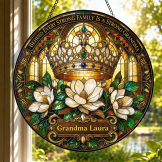 Round stained glass suncatcher gift for grandma personalized with the name Grandma Laura and floral crown art.