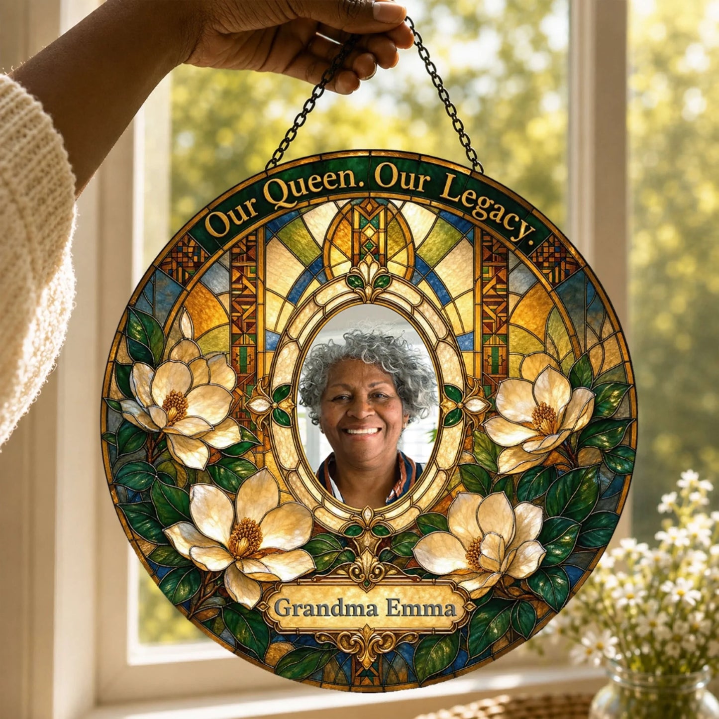 Personalized floral stained glass suncatcher displaying a photo and the name Grandma Emma as a thoughtful memorial gift.