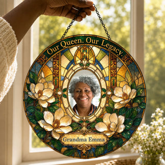Personalized floral stained glass suncatcher displaying a photo and the name Grandma Emma as a thoughtful memorial gift.