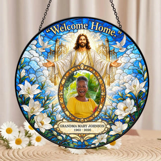 Religious memorial suncatcher ornament gift personalized with grandma photo and dates for sympathy and remembrance.