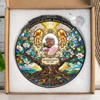 Memorial stained glass suncatcher gift for Grandma Evelyn shown in protective packaging with included suction cup.