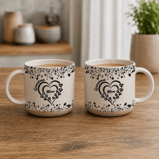 Personalized Grandma and Mom coffee mug featuring a botanical heart design with custom family member names for Mother Day.