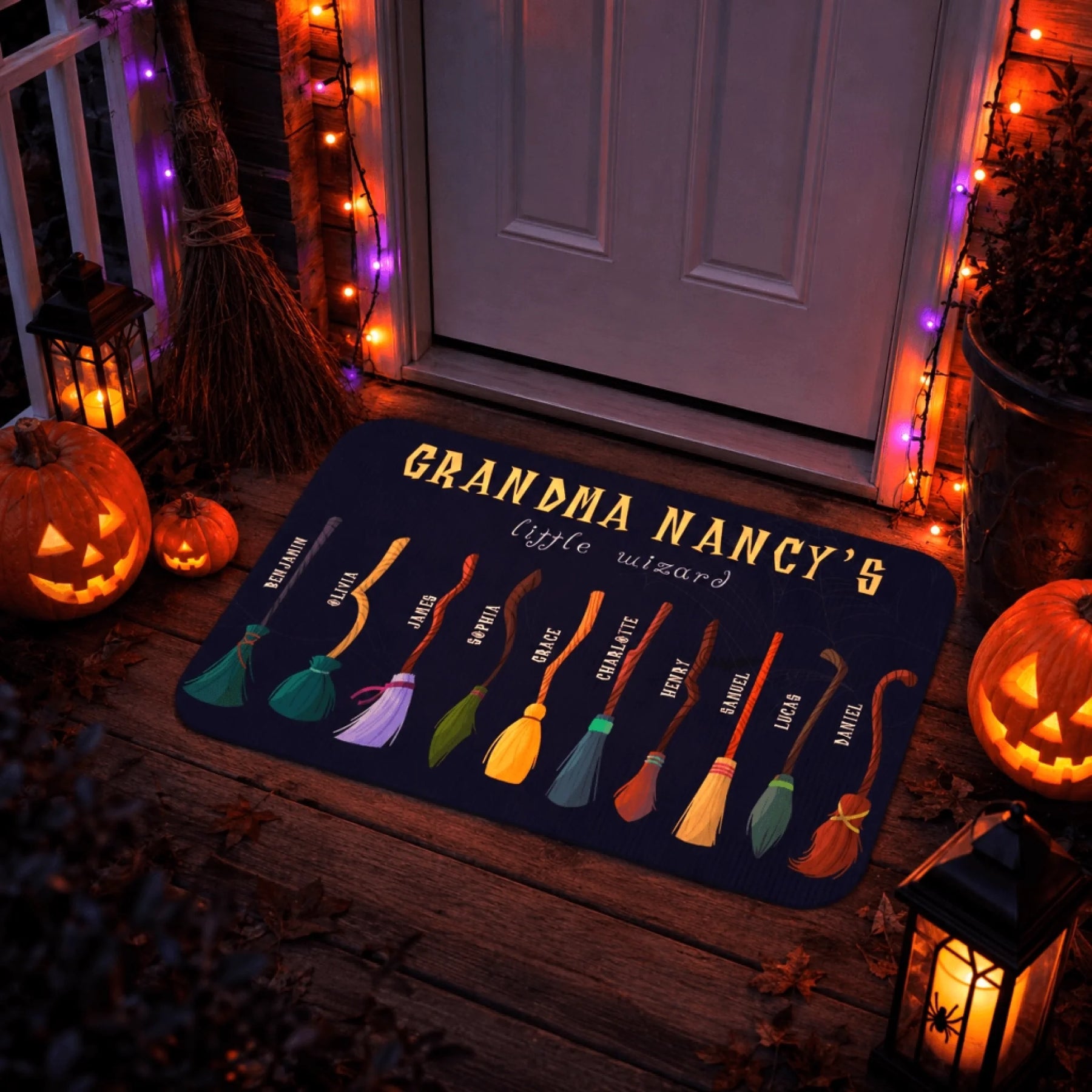 Personalized Grandma Nancys little wizard Halloween doormat featuring colorful illustrated broomsticks with names for a festive home decor.