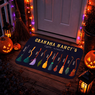 Personalized Grandma Nancys little wizard Halloween doormat featuring colorful illustrated broomsticks with names for a festive home decor.