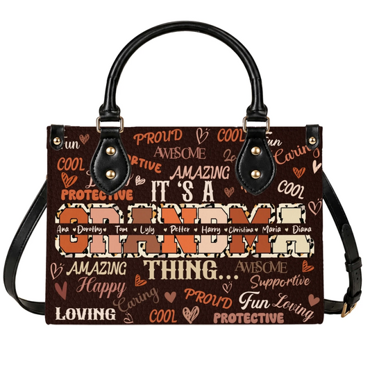 Personalized faux leather tote bag for grandma featuring leopard print text and family member names for Mother's Day.