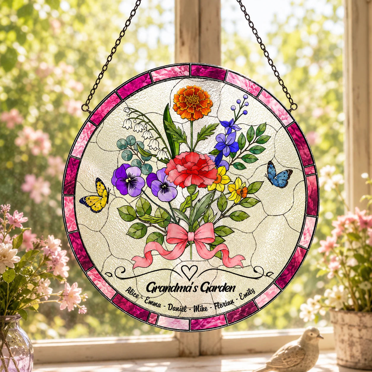 Grandma personalized glass suncatcher with floral garden artwork and custom grandkids names hanging in sunny window