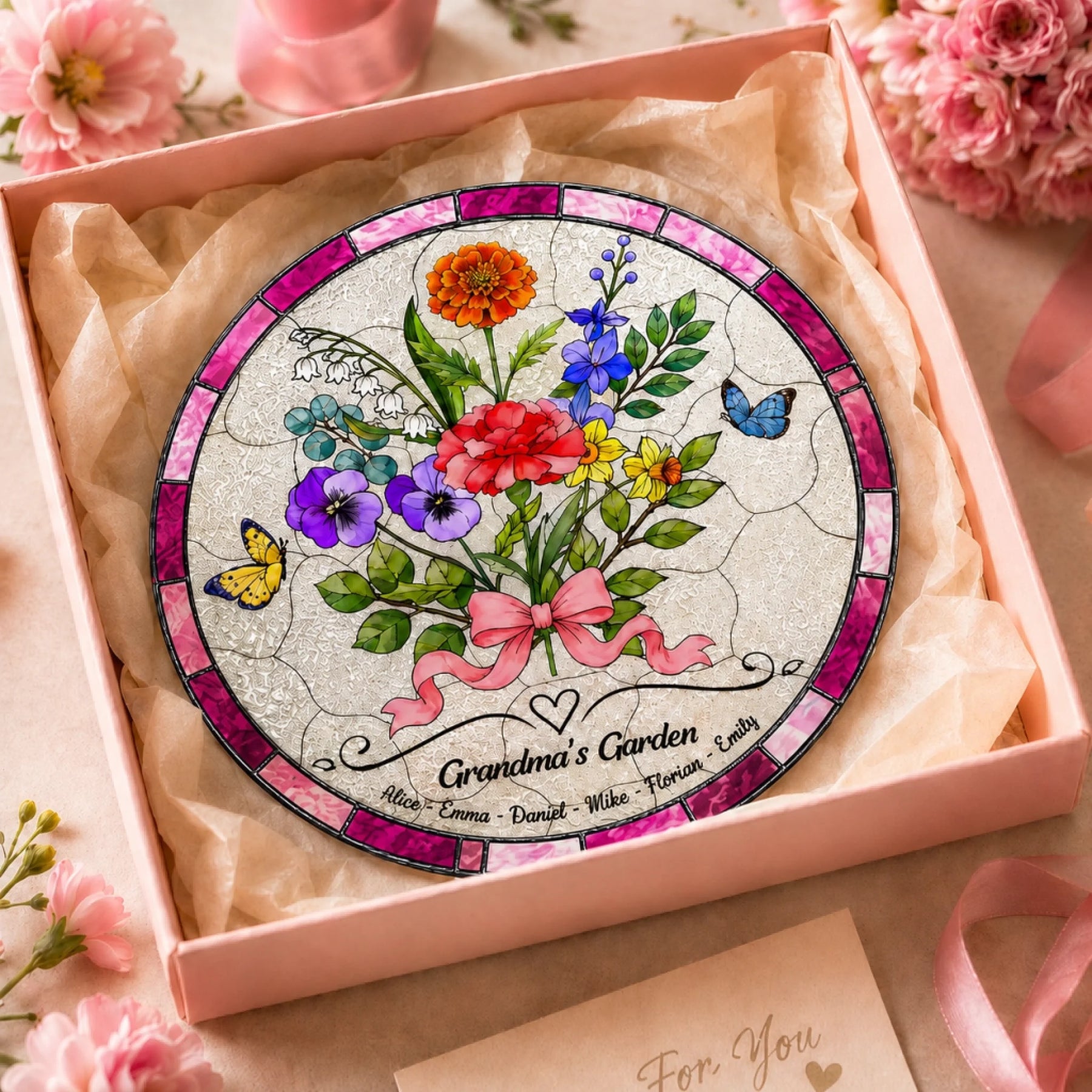 Personalized Grandma’s Garden glass suncatcher in pink gift box with flowers, butterflies, and custom names