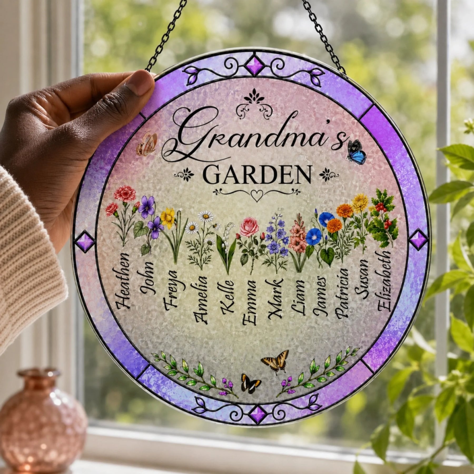Custom Grandma's Garden suncatcher for home decor featuring floral accents and personalized names for a sentimental gift.