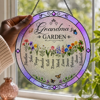 Custom Grandma's Garden suncatcher for home decor featuring floral accents and personalized names for a sentimental gift.