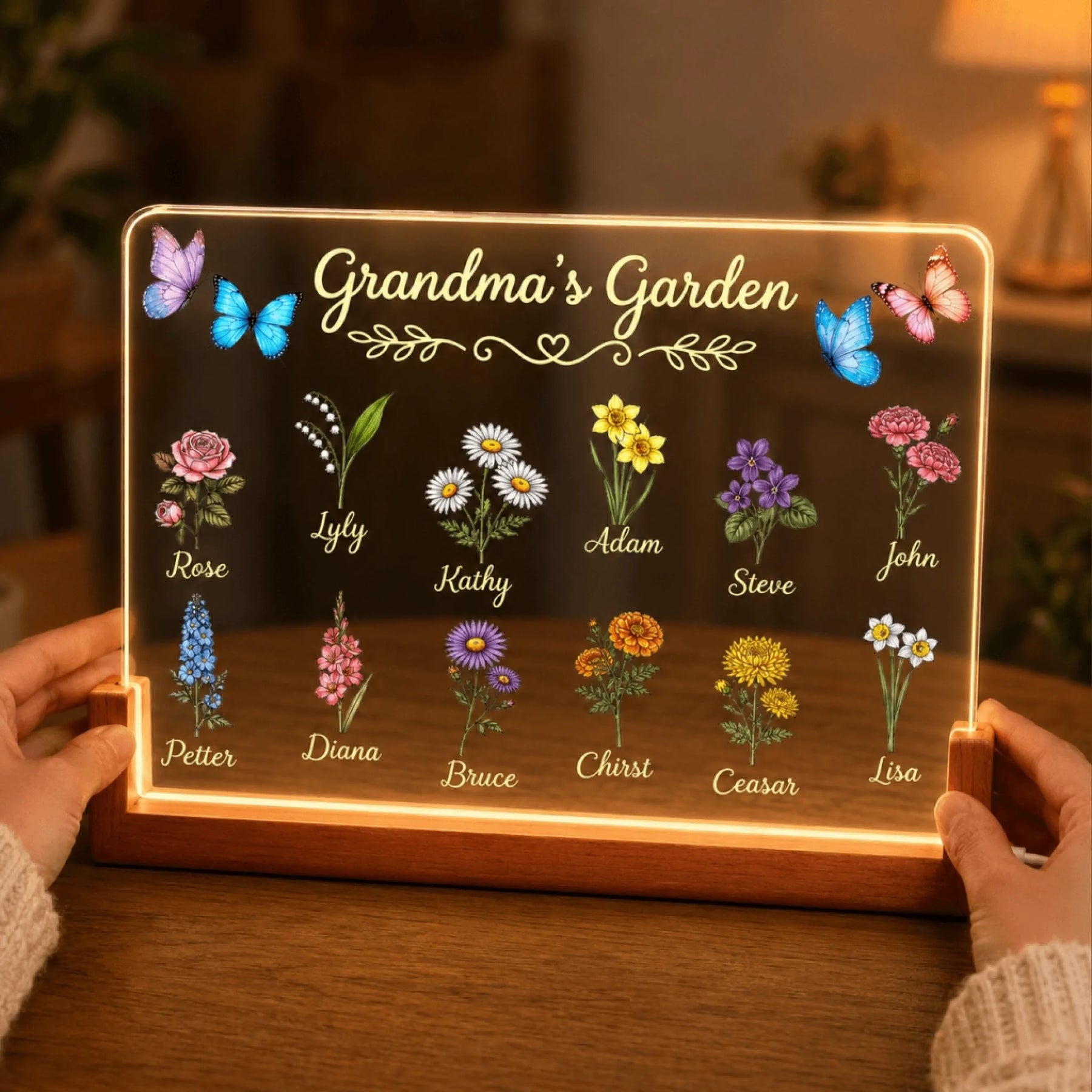 Personalized Grandma's Garden birth flower LED night light, a perfect custom family gift for mothers and grandmothers.