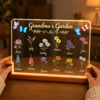 Personalized Grandma's Garden birth flower LED night light, a perfect custom family gift for mothers and grandmothers.