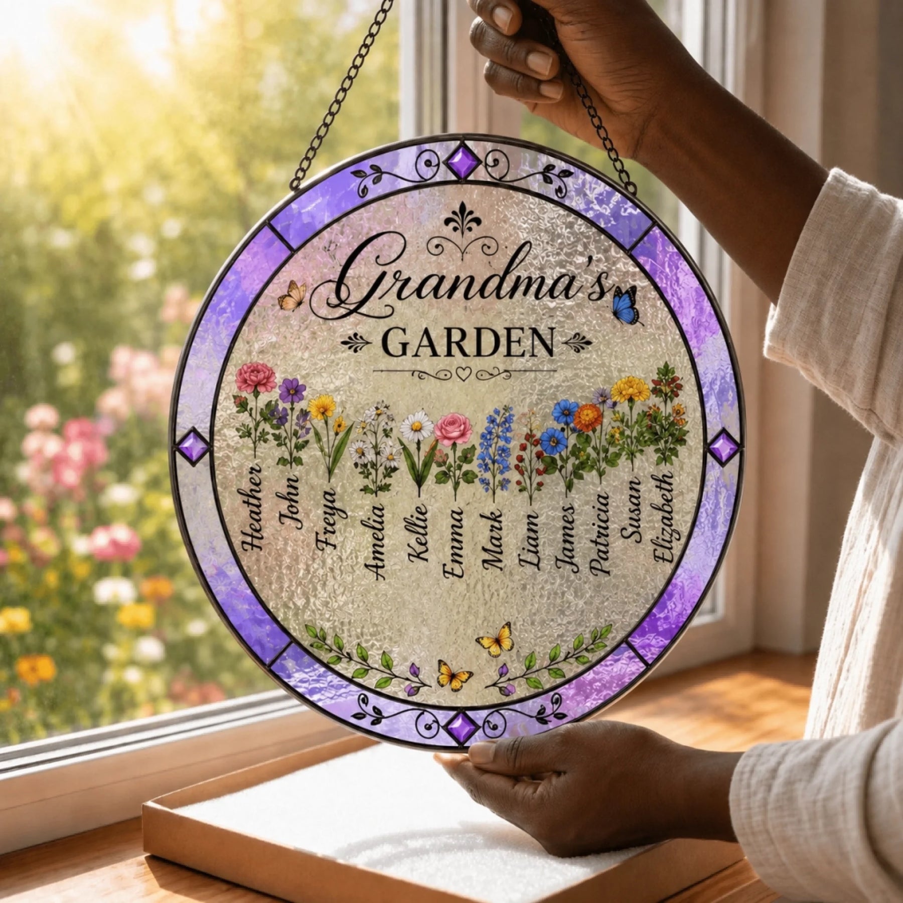 Personalized Grandma's Garden acrylic suncatcher featuring customized family member names and colorful floral illustrations.