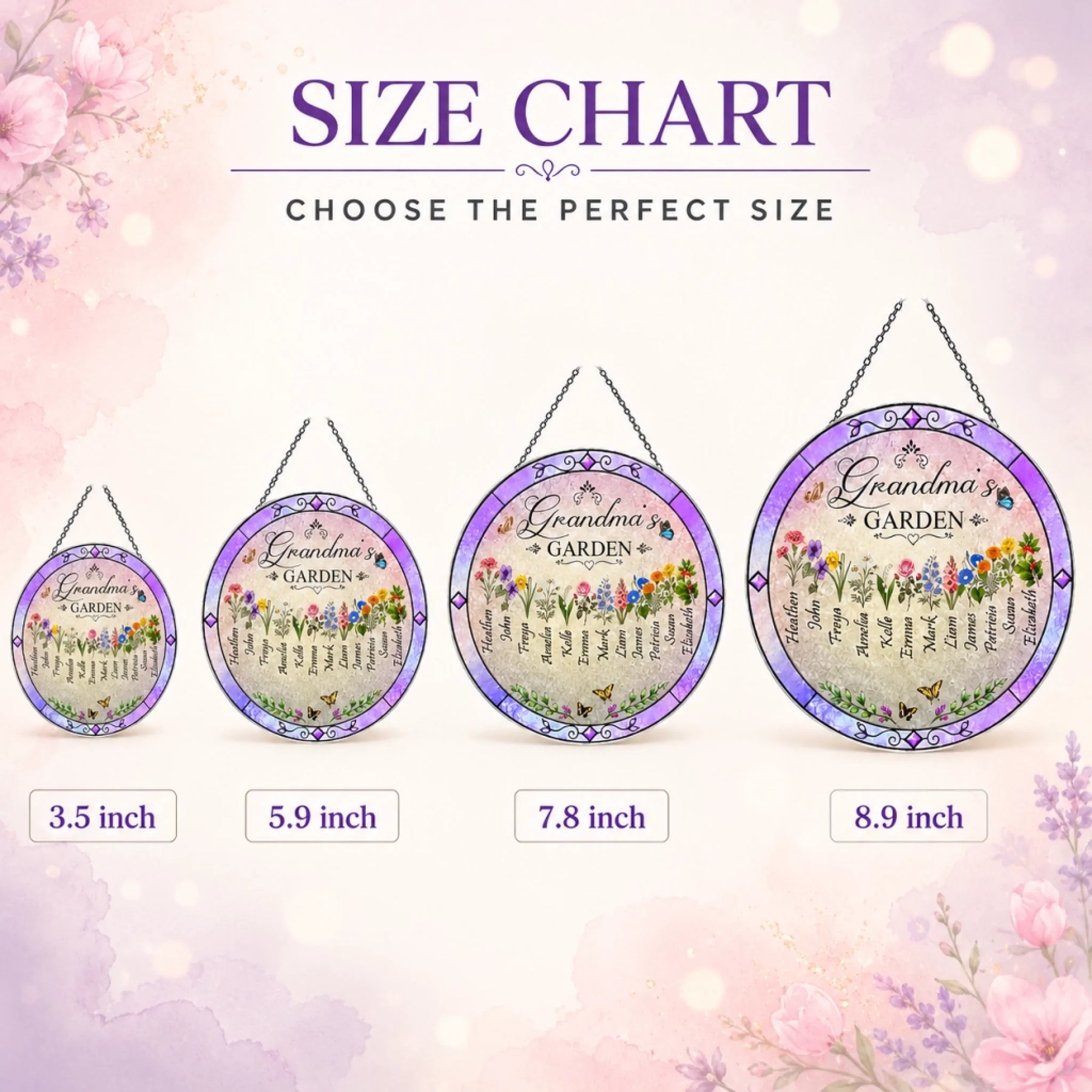 Size chart for personalized Grandma's Garden suncatchers showing 3.5 to 8.9 inch custom acrylic plaque size options.